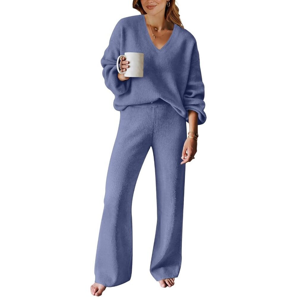 Women 2 Piece Sweater Lounge Set V Neck Pullover Wide Leg Pants
